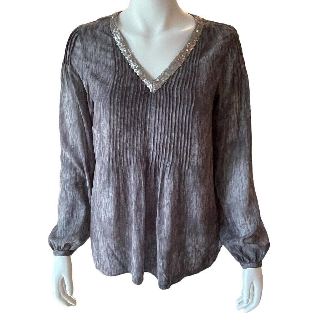 Knox Rose Womens Top  Blouse Sz M Sequin V-Neck Long Sleeve‎ Gray Pintuck Detail